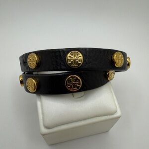 Tory Burch black leather and gold tone studded‎ double wrap bracelet!